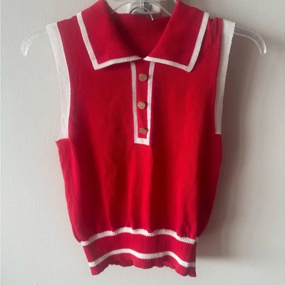 Red Sleeveless Knit Top with White Trim - Picture 4 of 4